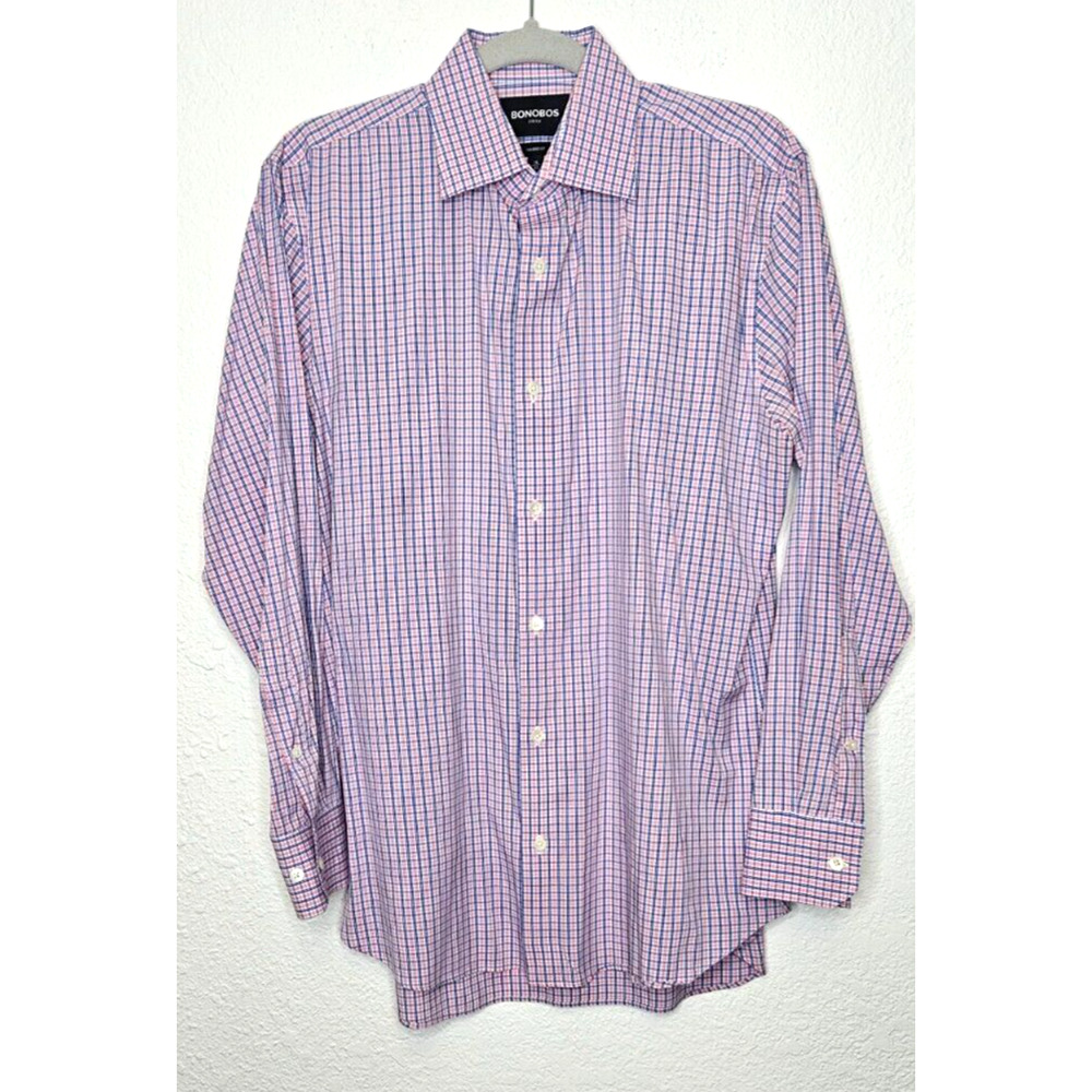 Bonobos Mens Button Down Shirt 16/33 Blue Pink Plaid Tailored Fit Stretch Casual